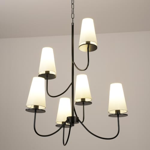Aeyee Modern Chandeliers, Classic Multi-Layered Pendant Light Fixture, Height Adjustable, Farmhouse Chandelier, 6 Lights Elegant Pendant Light with Fabric Shade for Bedroom Living Room (Black) by Aeyee - Used condition - Image 6