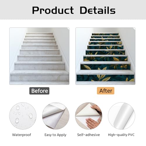 Hojas de vinilo autoadhesivas PLIGREAT para renovar escalones viejos con diseño de ramas de olivo 6