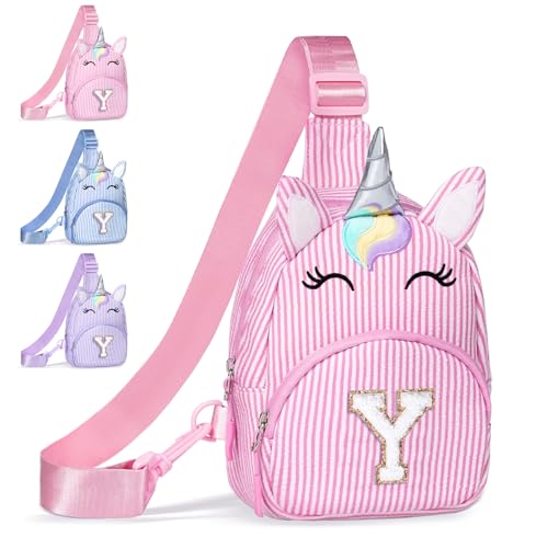 Image of COSHAYSOO Pink Girls Purse Unicorn Waist Pack Crossbody Sling Bag, Cute Personalized Easter Basket Stuffers Birthday Gifts for Kids Girl 3-8 Daughter Granddaughter Niece Initial Monogrammed Letter Y