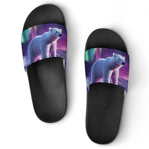 Bear in Northern Lights House Slippers for Women Men Lightweight Open-toe Slide Shoes for Bathroom Swimming Beach