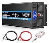 JIGUUN 3000W Inverter 24V 240V Pure Sine Wave with 20A Charger and Mains Priority and UPS Function, 2 UK Sockets, Wireless Remote Control and LCD Display Peak Power 6000W