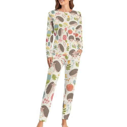 Ensemble de pyjama femme jaune à motif hérisson avec t-shirt manches longues