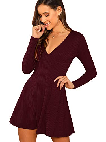 Verdusa Women's Deep V Neck Long Sleeve Fall Dress Elegant Short Skater Dresses