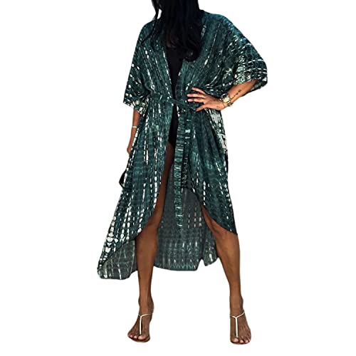 Jywmsc Womens Casual Beach Cardigan Tie Dye Open Front Long Kimono Swimsuit Cover up Deep Green