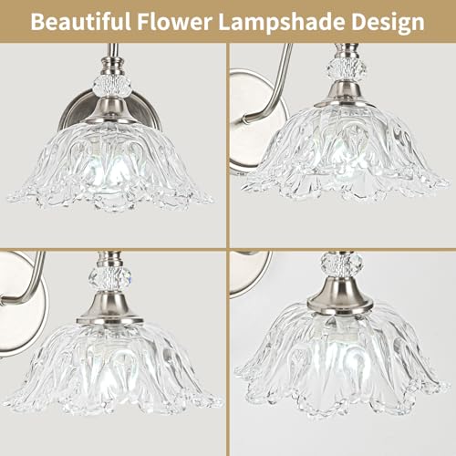 Image of 1 Piece Brushed Nickel Wall Sconce with Floral Clear Glass Shade, Brushed Nickel Finish Wall Mount Lighting for Bathroom, Modern Bathroom Vanity Light Fixture