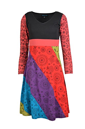 Mulher de manga comprida de algodão vestido de impressão multicor vestido de noite - L-EU44/UK16/US10 multicolorido