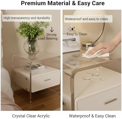 Modern Acrylic Nightstand with Drawer - Transparent Bedside Table for Bedroom & Living Room, Clear Design Ideal for Small Spaces, Light Gray Finish