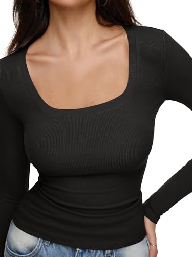 REORIA Long Sleeve Shirts for Women Scoop Neck Going Out Slim Basic Tshirts 2025 Trendy Tops Ribbed Knit Fall Outfits4