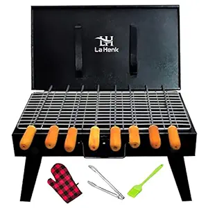 La Henk Grill set - Travelers Barbeque Grill Set for Home Foldable Charcoal Tandoor Outdoor BBQ Grill Chicken Maker For Home with 8 Skewers, Charcoal Tray, Gloves, Oil brush & Tong (Black)