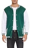 Men's Bomber Jacket Varsity Baseball Jackets Windbreaker Lightweight Slim Fit Button Down Letterman Jacket Green