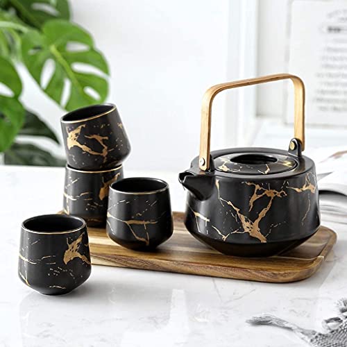 Ceramiczny zestaw do herbaty z drewnianą tacą, pojemność 4 filiżanek do domu i biura popołudniowej herbaty