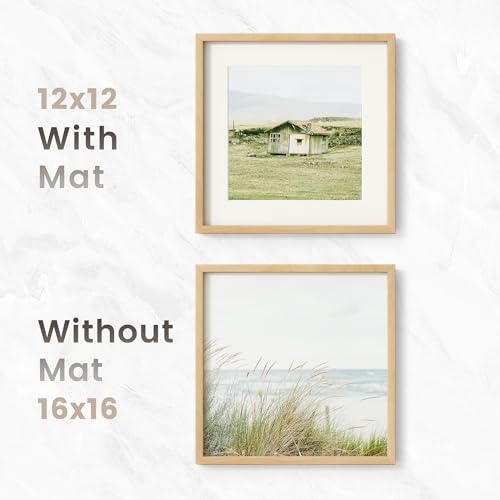 Image of 16x16 Picture Frame, USA-Sourced Natural Beech Wood Photo Collage Frame with HD Tempered Glass, Modern Simple 16 x 16 Wooden Frame Matted to 12x12, Gallery Wall Frames for Art