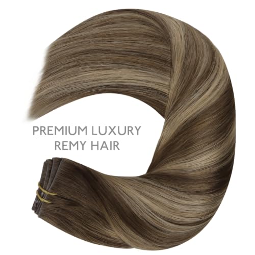Image of WENNALIFE Invisible Edge Seamless Clip in Hair Extensions Real Human Hair | 22'' 111g 7pcs Balayage Chocolate Brown to Caramel Blonde. Thin PU Weft, Easy, Comfortable Clip in Remy Hair Extensions