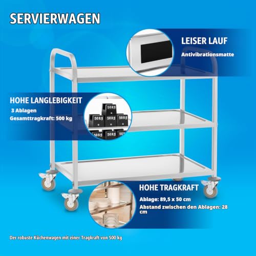 Foto von Royal Catering Servierwagen mit Rollen, 3 Tabletts RCSW 3 (101 x 55 x 96,5 cm, Tragkraft 480 kg, Dicke der Regale: 3 cm)