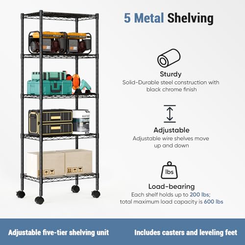 Image of DUMOS 5-Tier Metal Storage Shelves, Shelving Unit, Storage Rack, 23.2 inch W | 59 inchH, Lockable Wheels, Wire Adjustable Standing, Heavy Duty Steel Organizers, Kitchen Bathroom Pantry Garage Office
