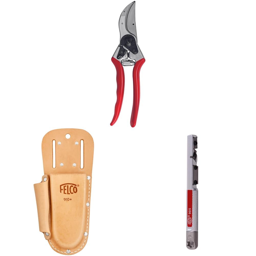 FELCO 2 Gartenschere mit Lederholster 910+ und Schärfwerkzeug 905 – Komplettset für intensiven Schnitt, langlebig, ergonomisch und professionell