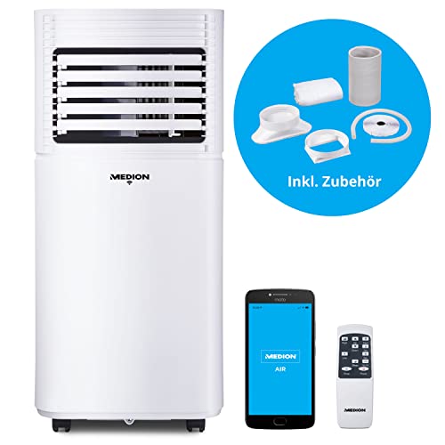 MEDION smarte mobile Klimaanlage mit Abluftschlauch (leise, 3in1, Klimagerät, App und Sprach- Steuerung, Kühlen Entfeuchten Ventilieren, Staubfilter, geeignet für bis zu 32qm, 9000BTU, MD37216) Cover
