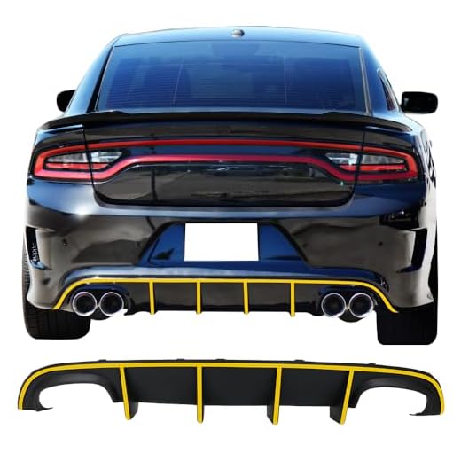 IKON MOTORSPORTS Bumper Lip Spoiler Compatible With 2015-2022 Dodge Charger SRT, Quad Exhaust Rear Diffuser with Yellow Reflective Tape