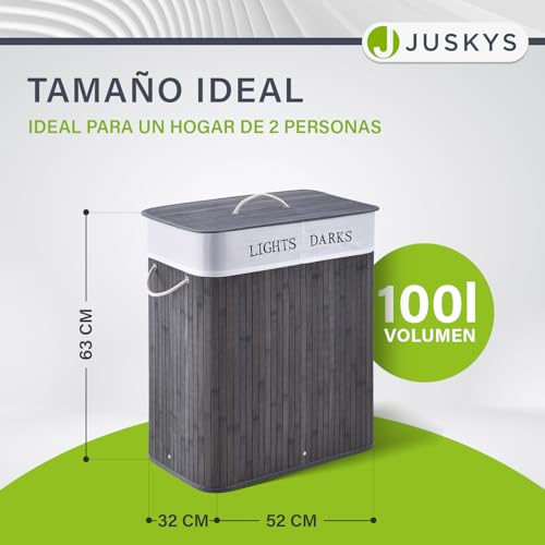Juskys Cesto para la ropa de bambú rizado 100 litros en gris - Cubo para la ropa con tapa, asa y 2 compartimentos - Bolsa para la ropa de tela, extraíble y lavable - imagen 2