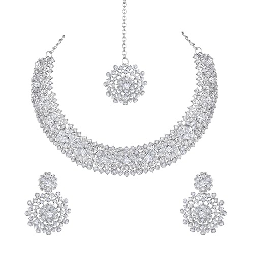 Image of Atasi International Silver Plated White Crystals American Diamonds Stylish Necklace Set with Earrings and Maang Tikka for Women and Girls | Stylish Jewellery for Party, Wedding and Festive Occasions (R6157)
