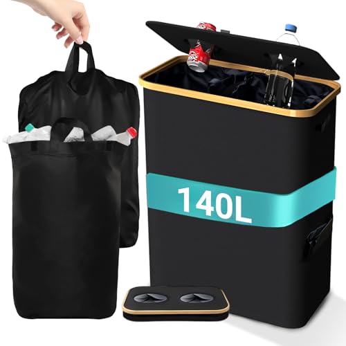 2 Compartments 140 L Deposit Bottles Collection Container, Large Deposit Bottles Container for 80-110 Bottles Recycled Container with Carry Bag XXL Paper Bin Bottle Collector Empty for Kitchen Storage