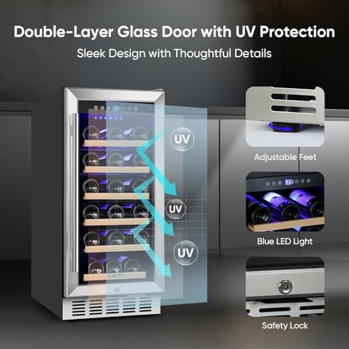Image of ORYMUSE 15 Inch Wine Cooler Under Counter, 30 Bottle Wine Fridge with Stainless Steel Glass Door, Built-In or Freestanding Wine Cellar with Removable Shelves and Digital Temperature Control