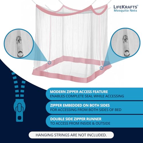 Image of LifeKrafts Bed Mosquito Net - Single Size Premium Polyester Machardani (4ft x 6.5ft,Elegant White with Peach Border) | Double Zipper Entry | Washable & Durable Net for Peaceful Sleep