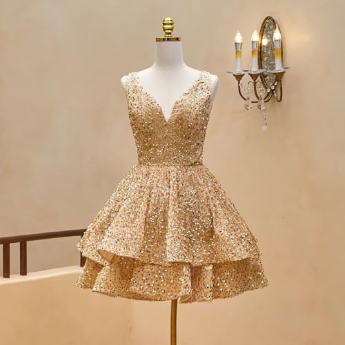 AIRXUNZ Sparkly Sequin Homecoming Dresses for Teens Wide Straps V Neck Tiered Cocktail Party Dress2