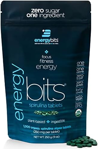 ENERGYBITS Pure Spirulina Algae Tablets, Superfood Tablets, Pure Blue Green Algae, High Protein, Chlorophyll Tablets, Non-Irradiated, for Energy Focus and Endurance, Non-GMO, 1000 Tablets