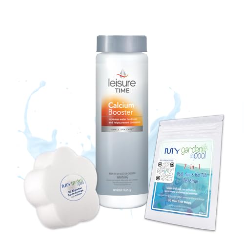 Leisure Time Calcium Booster 1 LB with My Garden Pool 20 Ct. Test Strips & Scum Sponge Flower Oil-Absorbing Sponge for Hot Tubs and Pools