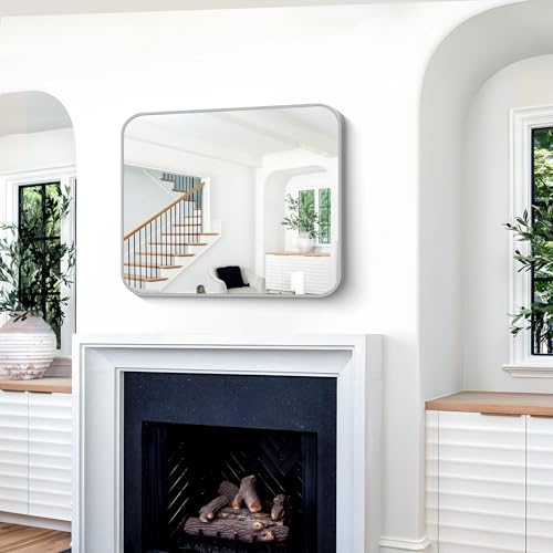 Image of Silver Bathroom Mirror, 30 x 36 Inch Metal Framed Silver Rectangle Mirror, Rounded Corner Rectangular Vanity Mirror, Wall Mounted Mirror for Living Room Bedroom Entryway Horizontal /Vertical