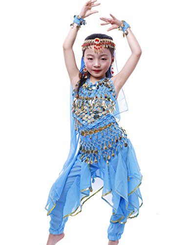 Astage Girls Arabian Princess Halloween Costume Genie Performance Belly Dance Sets Sky Blue S(Fits 3-5 Years)