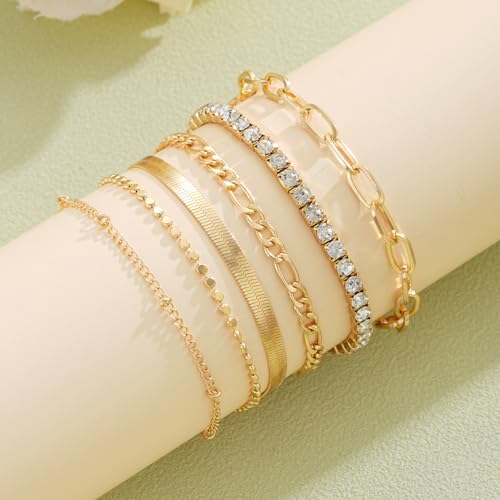Image of Shining Diva Fashion Gold Plated Bracelet Set for Women & Girls | Set of 6 Trendy Chain Bracelets | Adjustable Layered Bracelet Combo for Daily Wear, Party, Office & Gifting
