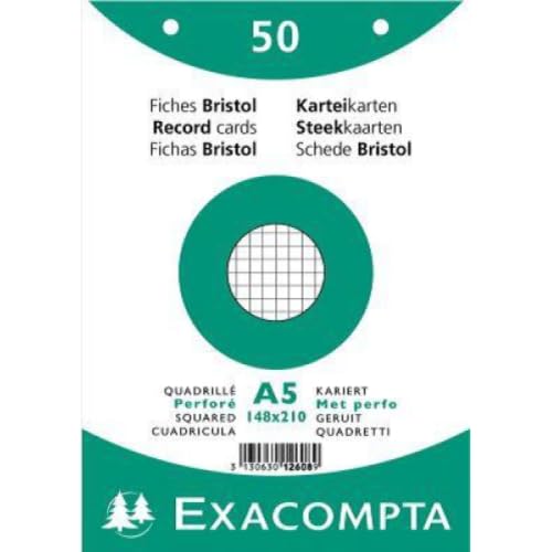 Lot de 20 50 fiches Bristol blanc 148x210 quadrillé 5x5 perforées sous film