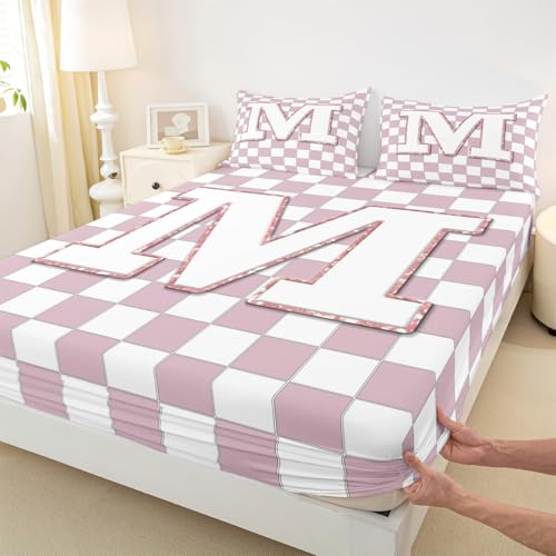Image of Erosebridal Pink Initial M Sheet Set Full Kawaii Plaid Checkered Bed Sheets Cute Personalized Monogram Bedding for Kids Girls Teen Women,Fashion Grids Gingham Bed Sheets Set 4 Piece