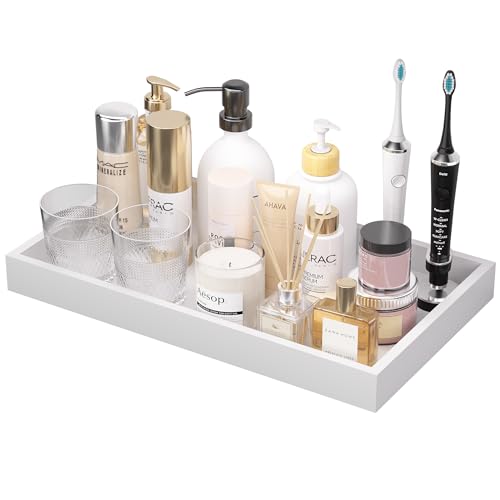 Image of ZHWS Bathroom Vanity Tray for Countertop Perfume Makeup Jewelry Candle Decor, Kitchen Tray for Soap Dispenser Spice Salt, Large Tray for Toilet Tank Paper, Serving Nightstand White 13 inchx6.5 inch