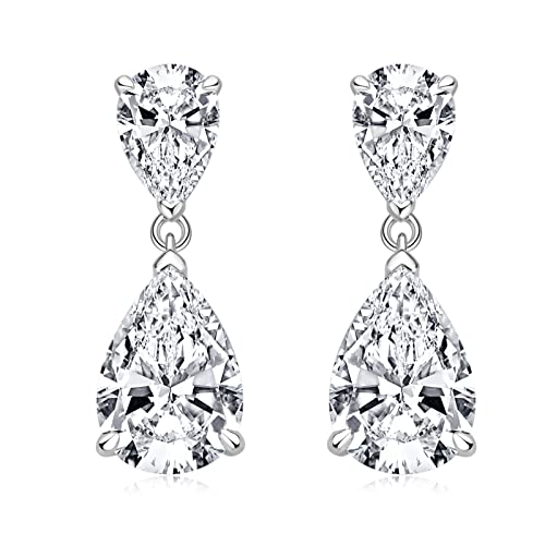 YUNKAI Cubic Zirconia Dangle Earrings for Women with Sterling Silver, Simulated Diamond Drop Earring Teardrop Classic, 6 Ct CZ Pear Cut, Jewelry Gifts for Birthday Christmas, Present for her