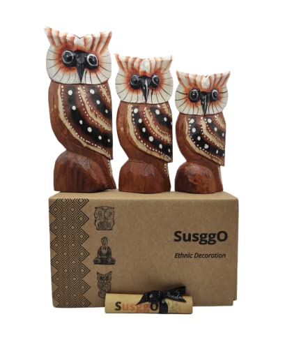 SusggO Set 3 Buhos Decorativos Madera - Buho Decoracion - Buhos Figuras Animales- Buhos de la Suerte - Artesania Adorno Mueble Gato de la Suerte (3 BUHOS ALAS Marron Puntos Mod 1 BAMPT1)