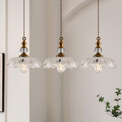 Image of CVKASH Vintage Glass Pendant Light Fixture 3-Pack Brass Modern Adjustable Chandelier Farmhouse Hanging Ceiling Light for Hallway Porch Kitchen Bedroom Coffee Shop Dining Room