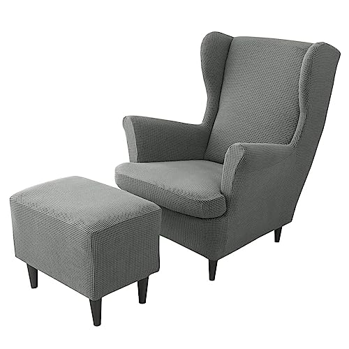 Funda elástica para sillón orejero extraíble que cubre otomana gris oscuro 2