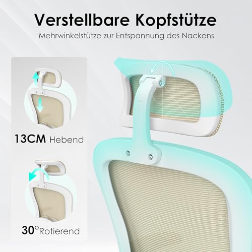 Farini Ergonomischer Stuhl Schreibtischstuhl Höhenverstellbar BürostuhlBequem mit Kopfstütze, Home Office Stuhl Computer Stühle Chefsessel mit Armlehne, 150 Kg PC Stuhl mit Rollen
