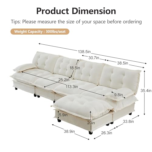 Image of 139 inch Sectional Sleeper Sofa with Ottoman, L Shaped Modular Deep Seat Couches for Living Room Apartment, Flexible Module Combination Cloud Sofa with Spring Support, Easy Assembly, White