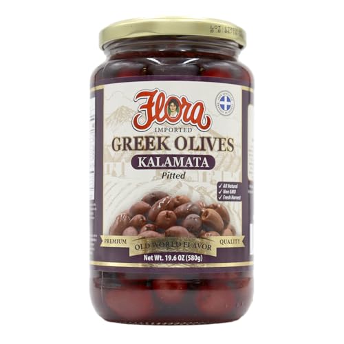 Flora Foods Kalamata Olives Pitted | 19.6 oz (580ml) | Imported | All Natural | Non GMO | Fresh Harvest