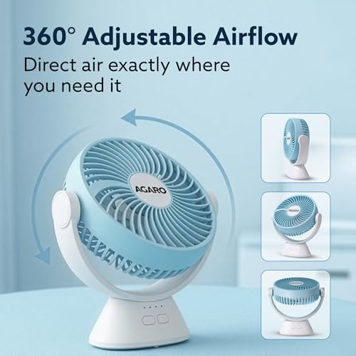 Image of AGARO Delight Rechargeable Mini Desk Fan, Portable, Type-C Charging, 3 Speed Modes, 360 Adjustable Tilt, LED Night Light, Up to 9 Hours Runtime, Quiet Table Fan, Home and Office