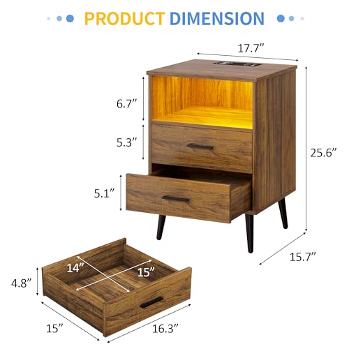 LVSOMT Nightstands Set of 2, Nightstand with Charging Station and USB Ports, Rustic Brown Bedside Table with Open Shelf, Mid Century Modern Nightstand with 2 Drawers, Night Stands for Bedroom