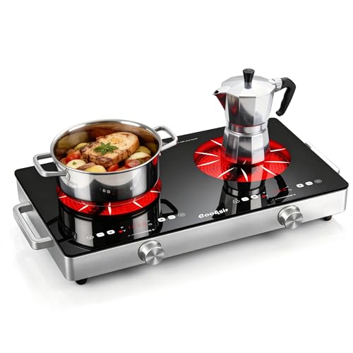 Cooksir 2 Burner Electric Cooktop - 24 Inch(22.2'x 13.1') Portable Electric Stove Top 110V, 2000W Countertop Two Burner Stove, Child Lock, Timer, Touch and Knob Control, 110V Plug in
