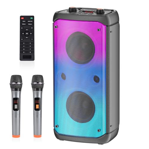Máquina de Karaoke 2 Micrófonos Inalámbricos, Máquina de Karaoke Portátil para Adultos y Niños, Sistema PA con Luces LED, Altavoz Karaoke Bluetooth Soporta para Tarjeta TF/USB, Entrada AUX, Rec,TWS