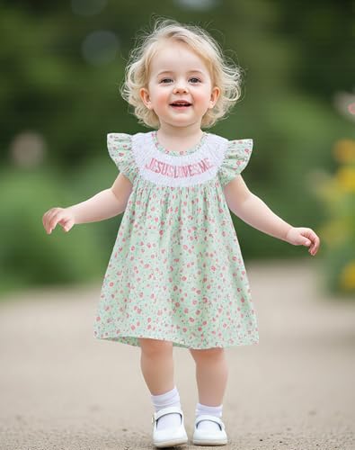 Toddler Baby Girl Christian Outfit Jesus Loves Me Dress Ruffle Sleeveless Smocked Floral Princess Dresses2