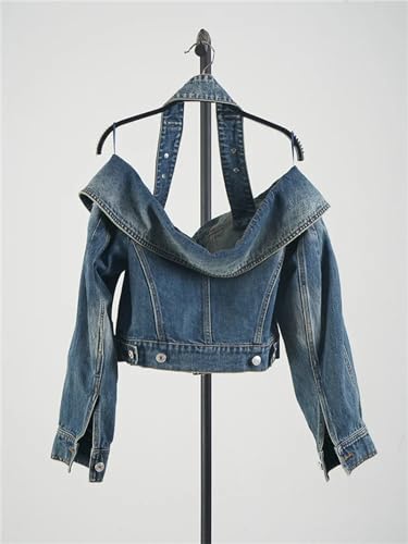 Women Spring Summer Halter Off Shoulder Long Sleeve Single Breasted Hollow Out Denim Jacket3