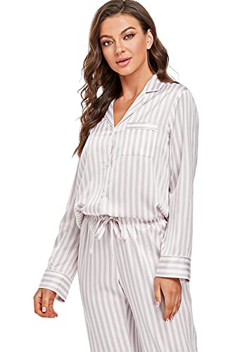 Image of Serenedelicacy Women's Satin Pajama Set Long Sleeve Button Down Sleepwear 2-Piece Silky Pj Set